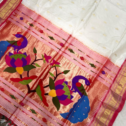 Ivory Pearl Paithani Silk Saree with Red Border - product photo 10