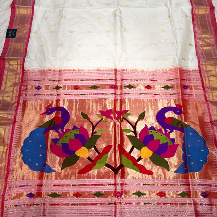 Ivory Pearl Paithani Silk Saree with Red Border - product photo 9