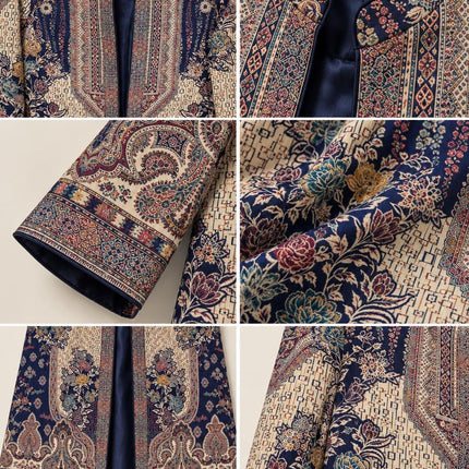 Women’s Kashmiri Style Long Jacket – Navy Floral Paisley Tapestry Coat, Elegant Ethnic Indo Western Jacket