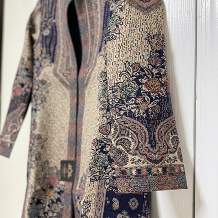 Women’s Kashmiri Style Long Jacket – Navy Floral Paisley Tapestry Coat, Elegant Ethnic Indo Western Jacket