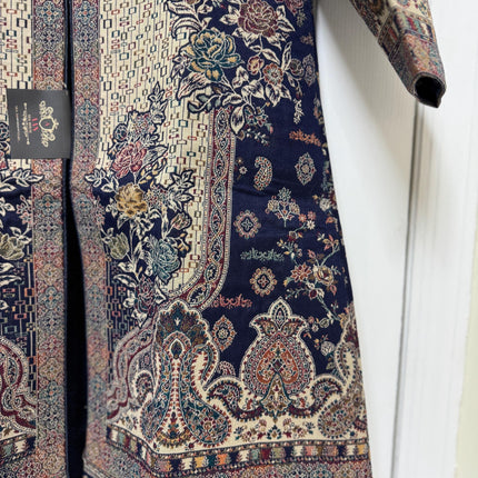 Women’s Kashmiri Style Long Jacket – Navy Floral Paisley Tapestry Coat, Elegant Ethnic Indo Western Jacket
