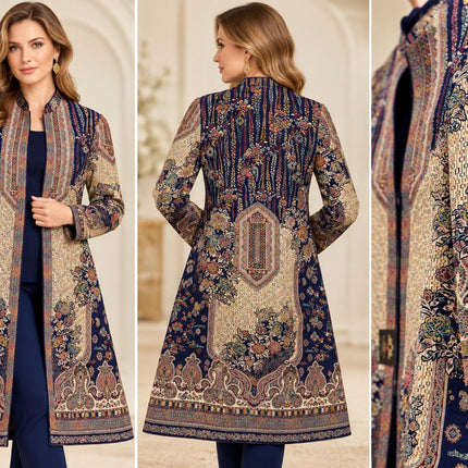 Women's Navy & Cream Kani Wool-Silk Long Jacket - product photo 3