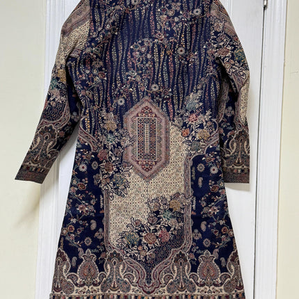 Women’s Kashmiri Style Long Jacket – Navy Floral Paisley Tapestry Coat, Elegant Ethnic Indo Western Jacket