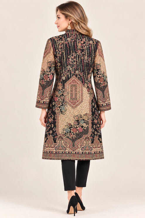 Women’s Kashmiri Style Long Jacket – Navy Floral Paisley Tapestry Coat, Elegant Ethnic Indo Western Jacket
