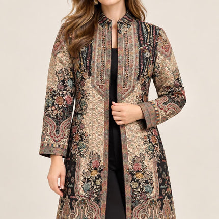 Women’s Kashmiri Style Long Jacket – Black Floral Paisley Tapestry Coat, Elegant Ethnic Indo Western Jacket
