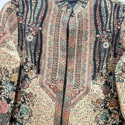 Women’s Kashmiri Style Long Jacket – Black Floral Paisley Tapestry Coat, Elegant Ethnic Indo Western Jacket