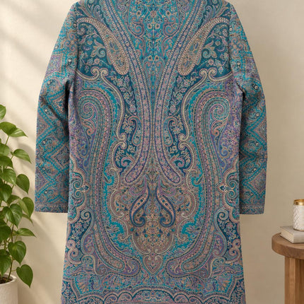 Women’s Kashmiri Style Long Jacket – Aqua Floral Paisley Tapestry Coat, Elegant Ethnic Indo Western Jacket | size L 42