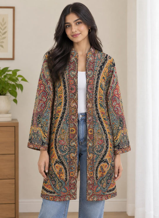 Women's Black & Yellow Floral Paisley Wool-Silk Long Jacket - product photo 1