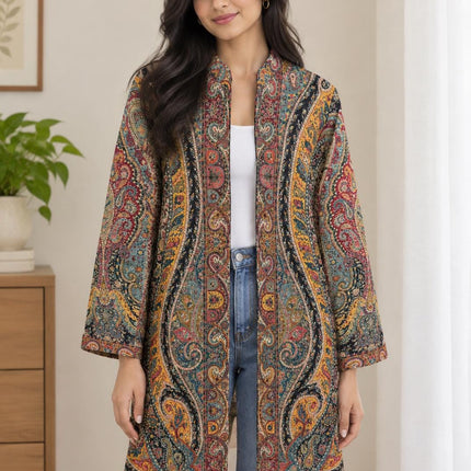 Women’s Kashmiri Style Long Jacket – Black base with yellow and  Floral Paisley Tapestry Coat, Elegant Ethnic Indo Western Ja