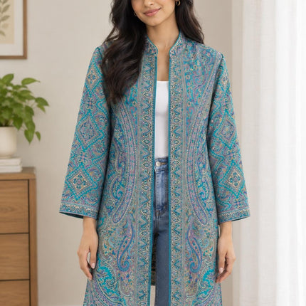 Women’s Kashmiri Style Long Jacket – Aqua Floral Paisley Tapestry Coat, Elegant Ethnic Indo Western Jacket | size L 42