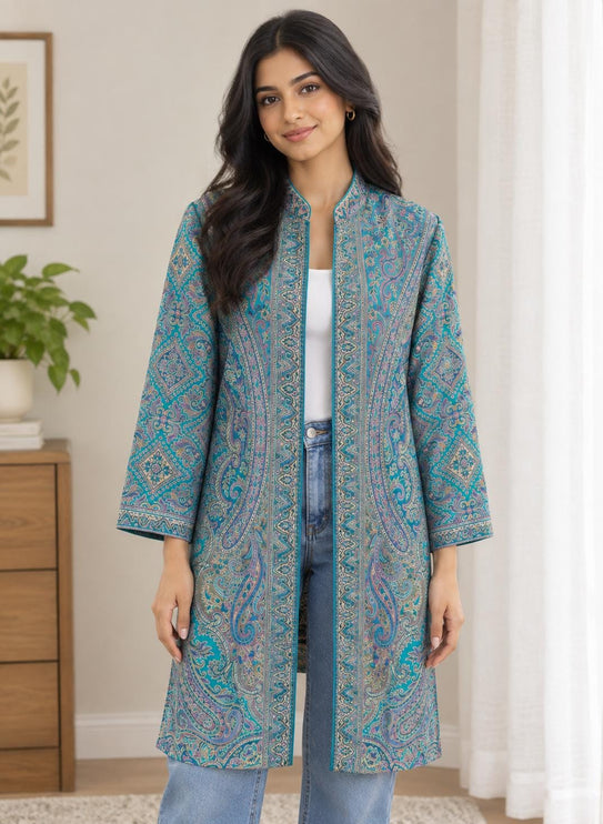 Women’s Kashmiri Style Long Jacket – Aqua Floral Paisley Tapestry Coat, Elegant Ethnic Indo Western Jacket | size L 42