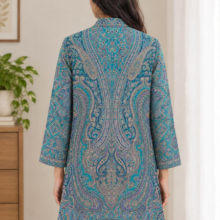 Women’s Kashmiri Style Long Jacket – Aqua Floral Paisley Tapestry Coat, Elegant Ethnic Indo Western Jacket | size L 42