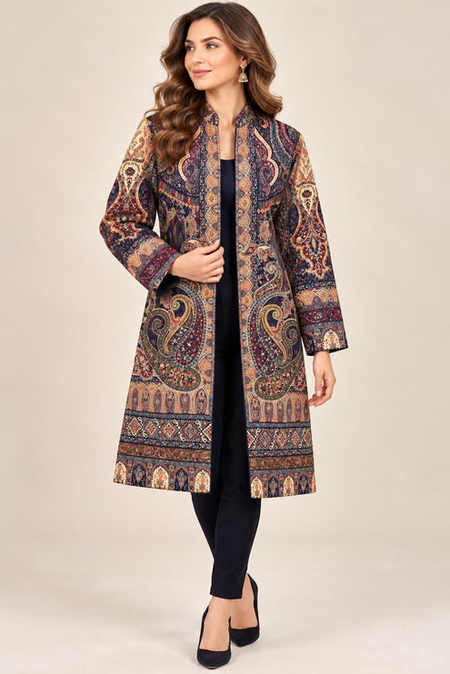 Women's Dark Blue Paisley Wool-Silk Long Jacket - product photo 1