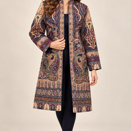 Women’s Kashmiri Style Long Jacket – Dark BLUE Paisley Tapestry Coat, Elegant Ethnic Indo Western Jacket