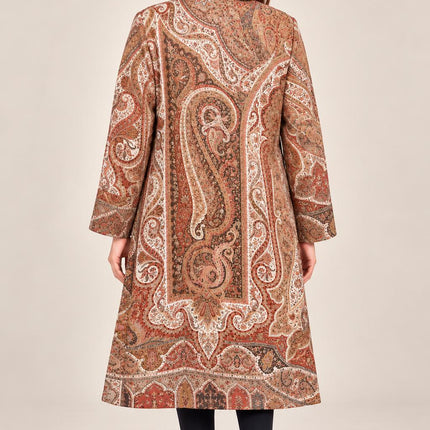 Women’s Kashmiri Style Long Jacket – Beige Floral Paisley Tapestry Coat, Elegant Ethnic Indo Western Jacket | size L 42