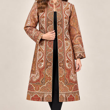 Women's Beige Floral Paisley Wool-Silk Long Jacket - Size 42 - product photo 1