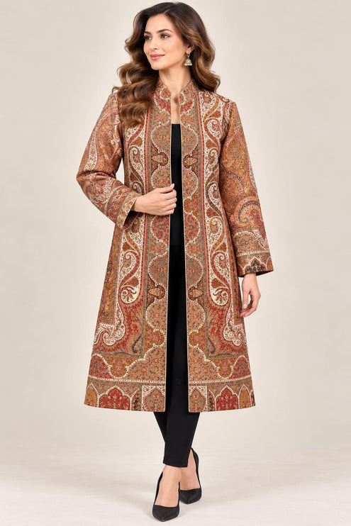 Women's Beige Floral Paisley Wool-Silk Long Jacket - Size 42 - product photo 1