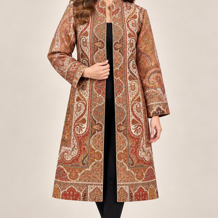 Women’s Kashmiri Style Long Jacket – Beige Floral Paisley Tapestry Coat, Elegant Ethnic Indo Western Jacket | size L 42