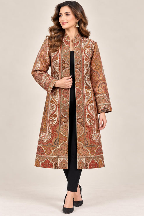 Women’s Kashmiri Style Long Jacket – Beige Floral Paisley Tapestry Coat, Elegant Ethnic Indo Western Jacket | size L 42