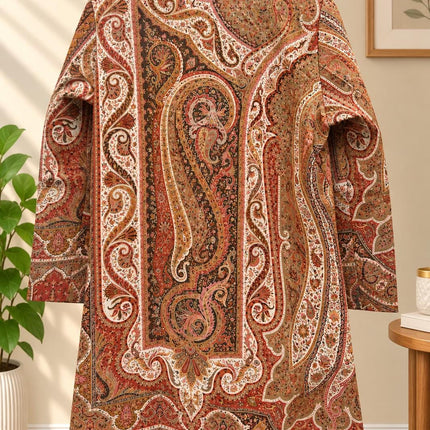 Women’s Kashmiri Style Long Jacket – Beige Floral Paisley Tapestry Coat, Elegant Ethnic Indo Western Jacket | size L 42