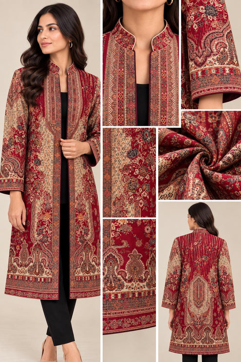 Women's Red & Beige Paisley Wool-Silk Long Jacket - product photo 2