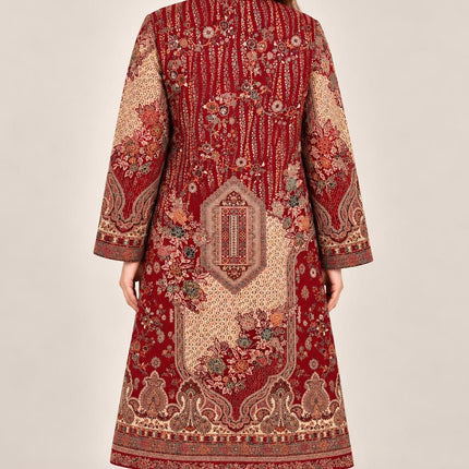 Women’s Kashmiri Style Long Jacket – Red and beige Paisley Tapestry Coat, Elegant Ethnic Indo Western Jacket