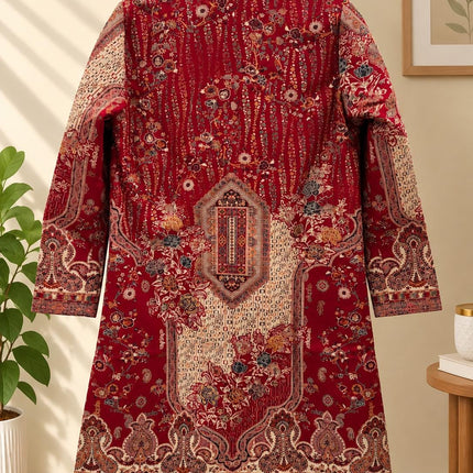 Women’s Kashmiri Style Long Jacket – Red and beige Paisley Tapestry Coat, Elegant Ethnic Indo Western Jacket
