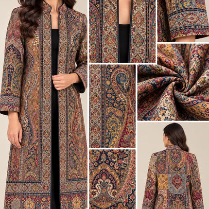 Women’s Kashmiri Style Long Jacket – Black base Jamawar Kani  Paisley Tapestry Coat, Elegant Ethnic Indo Western Jacket
