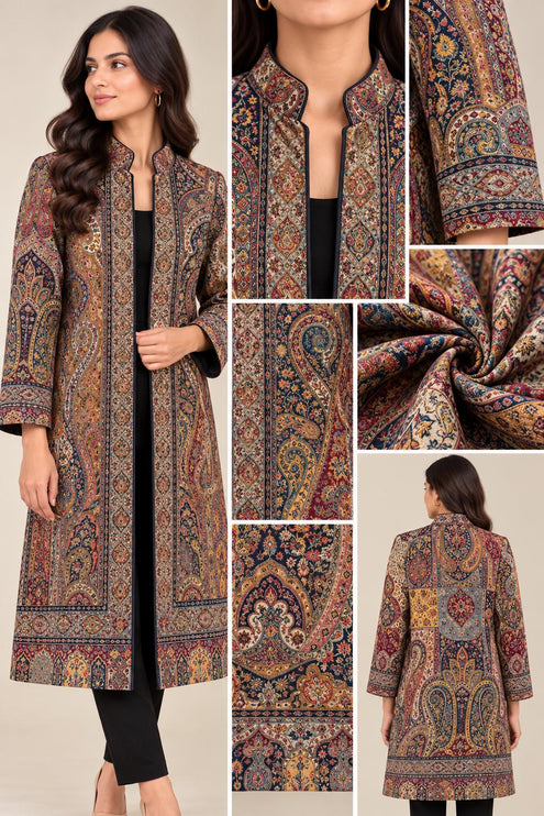Women’s Kashmiri Style Long Jacket – Black base Jamawar Kani  Paisley Tapestry Coat, Elegant Ethnic Indo Western Jacket