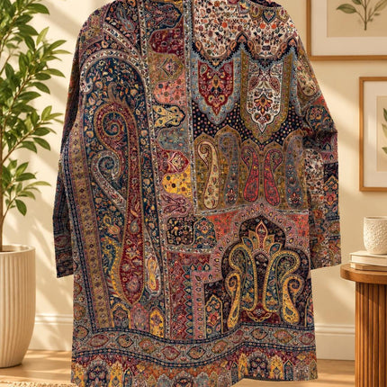 Women’s Kashmiri Style Long Jacket – Black base Jamawar Kani  Paisley Tapestry Coat, Elegant Ethnic Indo Western Jacket