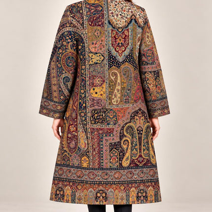 Women’s Kashmiri Style Long Jacket – Black base Jamawar Kani  Paisley Tapestry Coat, Elegant Ethnic Indo Western Jacket
