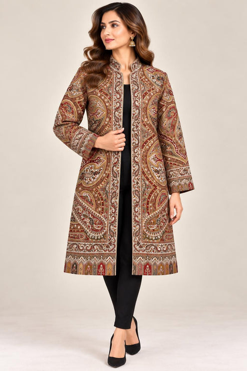 Women's Beige & Cream Kani Paisley Wool-Silk Long Jacket - product photo 1