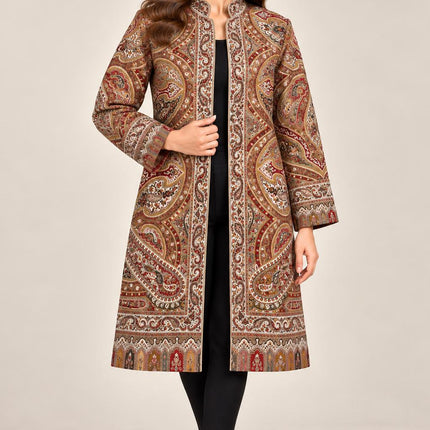 Women’s Kashmiri Style Long Jacket – Beige cream Jamawar Kani  Paisley Tapestry Coat, Elegant Ethnic Indo Western Jacket