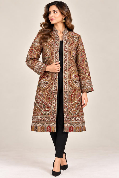 Women’s Kashmiri Style Long Jacket – Beige cream Jamawar Kani  Paisley Tapestry Coat, Elegant Ethnic Indo Western Jacket