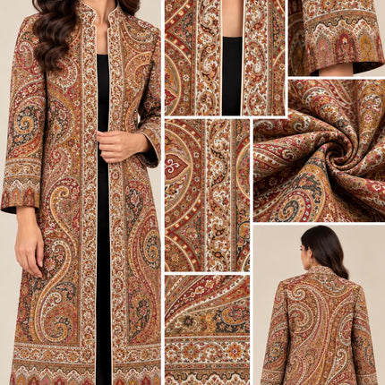 Women’s Kashmiri Style Long Jacket – Beige cream Jamawar Kani  Paisley Tapestry Coat, Elegant Ethnic Indo Western Jacket