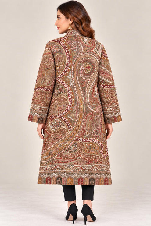 Women's Beige & Cream Kani Paisley Wool-Silk Long Jacket - product photo 2