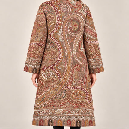 Women’s Kashmiri Style Long Jacket – Beige cream Jamawar Kani  Paisley Tapestry Coat, Elegant Ethnic Indo Western Jacket
