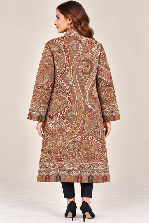 Women’s Kashmiri Style Long Jacket – Beige cream Jamawar Kani  Paisley Tapestry Coat, Elegant Ethnic Indo Western Jacket