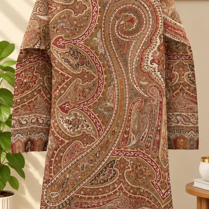 Women’s Kashmiri Style Long Jacket – Beige cream Jamawar Kani  Paisley Tapestry Coat, Elegant Ethnic Indo Western Jacket