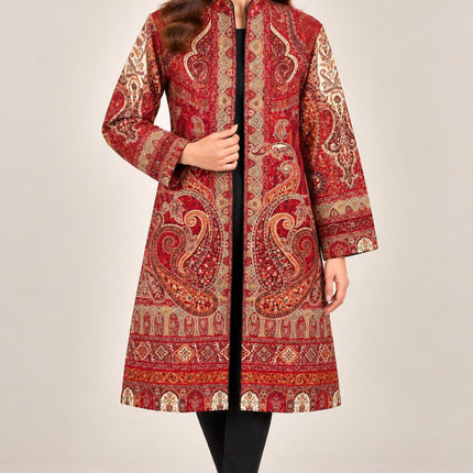 Women’s Kashmiri Style Long Jacket – Red Jamawar Kani  Paisley Tapestry Coat, Elegant Ethnic Indo Western Jacket