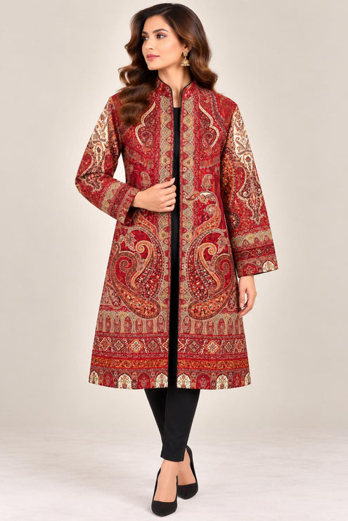 Women’s Kashmiri Style Long Jacket – Red Jamawar Kani  Paisley Tapestry Coat, Elegant Ethnic Indo Western Jacket