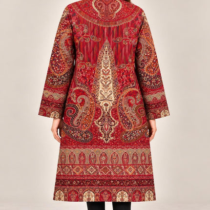 Women’s Kashmiri Style Long Jacket – Red Jamawar Kani  Paisley Tapestry Coat, Elegant Ethnic Indo Western Jacket