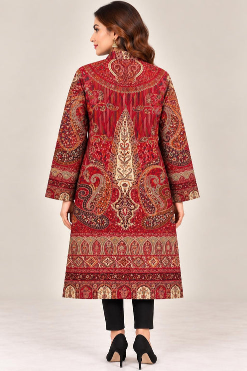 Women’s Kashmiri Style Long Jacket – Red Jamawar Kani  Paisley Tapestry Coat, Elegant Ethnic Indo Western Jacket