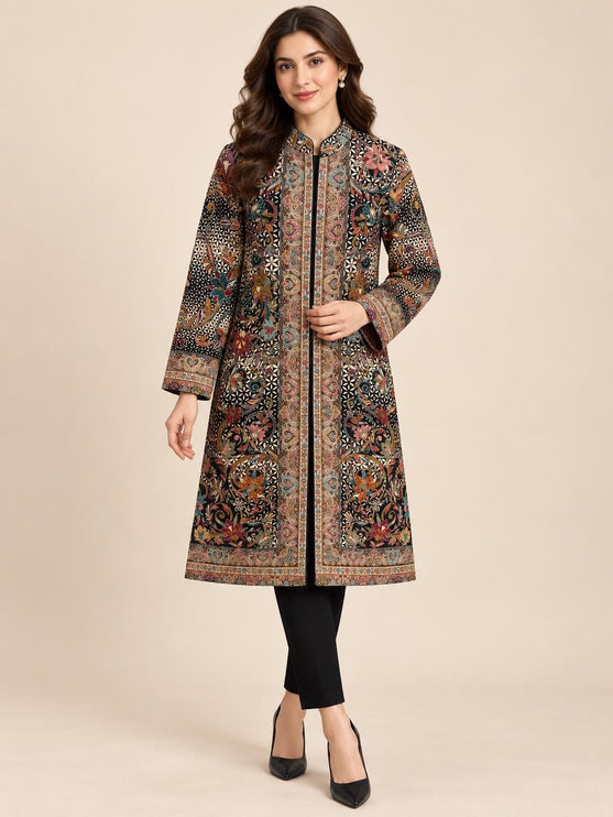 Women's Black Floral Kani Wool-Silk Long Jacket - product photo 1