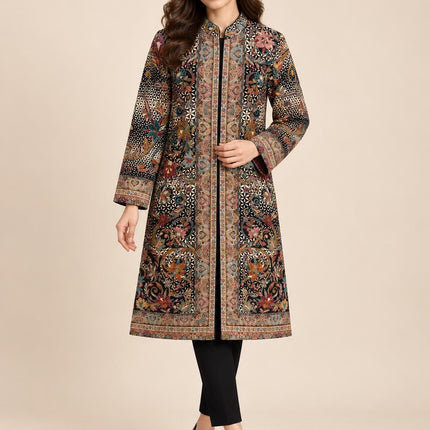 Women’s Kashmiri Style Long Jacket – Black Floral Kani Tapestry Coat, Elegant Ethnic Indo Western Jacket