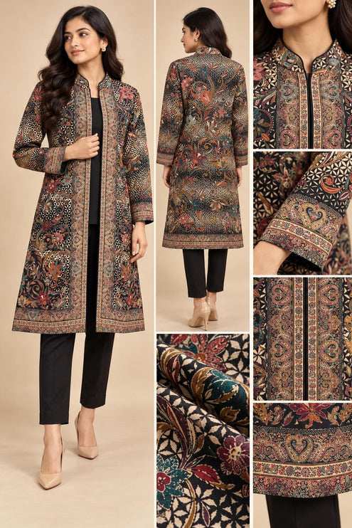 Women's Black Floral Kani Wool-Silk Long Jacket - product photo 2