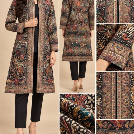 Women’s Kashmiri Style Long Jacket – Black Floral Kani Tapestry Coat, Elegant Ethnic Indo Western Jacket