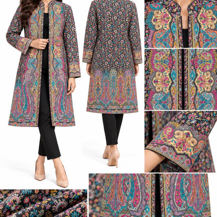 Black green multicolor  Kani Jamawar Paisley Silk Jacket for Women, Knee Length Kashmiri Long Coat, Multicolor Ethnic Wedding