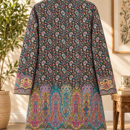 Black green multicolor  Kani Jamawar Paisley Silk Jacket for Women, Knee Length Kashmiri Long Coat, Multicolor Ethnic Wedding