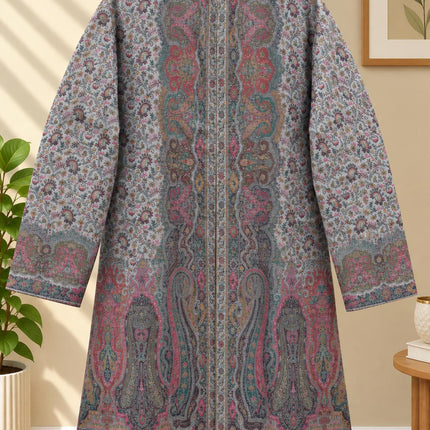 Powder Blue Kani Jamawar Paisley Silk Jacket for Women, Knee Length Kashmiri Long Coat, Multicolor Ethnic Wedding Jacket